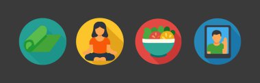 Sağlıklı Alışkanlıkların Düz Vektör Simgeleri: Yoga Mat, Meditasyon, Sağlıklı Yemek, Çevrimiçi Terapi, Sağlık ve Kişisel Bakım Elementleri