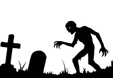 Cadılar Bayramı Zombi Silueti Korkunç Ölümsüz Yaratık Mezarlıktan yükselen Çapraz Tombstone Vektör İllüstrasyonu Korku Teması