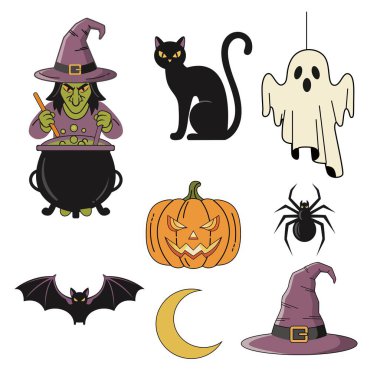 Cadılar Bayramı İkiz Cadısı Cadısı, Kara Kedi, Hayalet, Jack OLantern Balkabağı, Örümcek, Yarasa, Hilal Ay ve Cadı Şapkası İllüstrasyonu