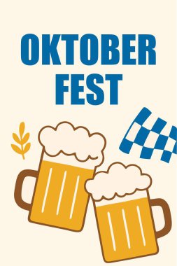 Oktoberfest Poster Vector  Beer Mugs, Bavarian Flag, Wheat, and German Festival Celebration Illustration