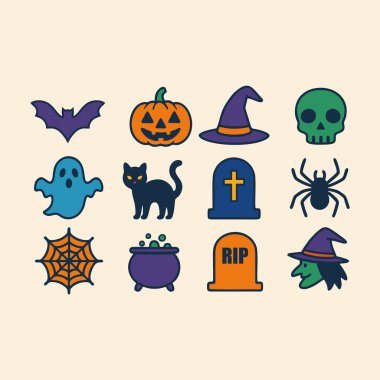 Flat Halloween Icon Set  Bat, Pumpkin, Witch Hat, Skull, Ghost, Black Cat, Tombstone, Spider, Web, Cauldron, Grave, Witch