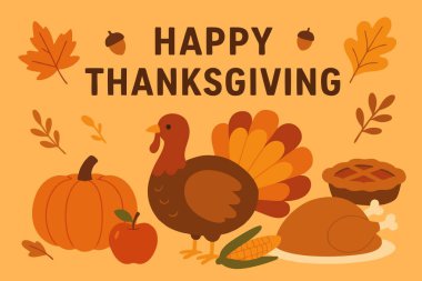 Happy Thanksgiving Illustration with Turkey, Pumpkin, Pie, and Autumn Harvest Elements