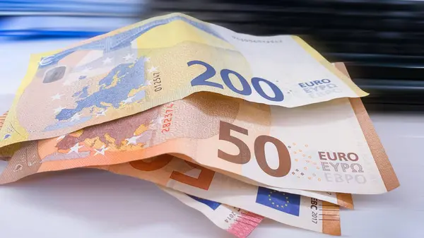Achtergrondinformatie Eurobankbiljetten Europees Papiergeld Met Biljetten Van 100 200 500 — Stockfoto