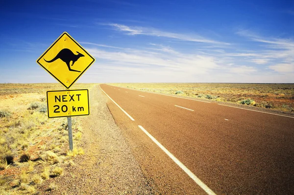 오스트레일리아 의사막고 도로에 캥거루 표지판 로열티 프리 스톡 사진