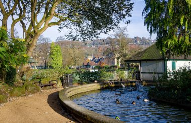 Matlock, Derbyshire, İngiltere 'deki Hall Leys Park' ta sonbahar günü.