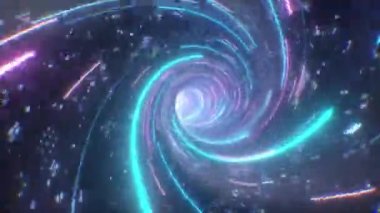 Dijital veri tünelinin içinde kusursuz bir döngü içinde uçuyor. Neon ışınlı fütüristik soyut arka plan. Büyük veri, engelleme zinciri, kripto para, internet, hiperuzay ve uzay yolculuğu kavramları. 4k 3D canlandırma