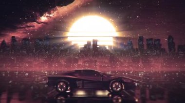80 'lerin geçmişe dönük fütüristik sürücüsü klasik arabalı kusursuz döngü. VJ tarzında stilize bilim kurgu şehir manzarası, gece gökyüzü. EDM video, DJ set, kulüp için Vaporwave 60 fps 3D animasyon arka planı. 4k