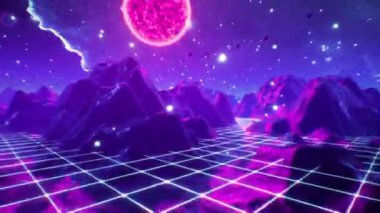 Garip bir manzara döngüsü. Dağlı, ızgaralı yüksek kaliteli 3D animasyon, EDM müzik videosu, VJ arka plan, rüya. 60 fps psychedelic image