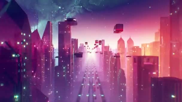 Futuristic Cyberpunk City Skyline Flythrough Looping Animation Sci Megapolis Neon — Stock Video