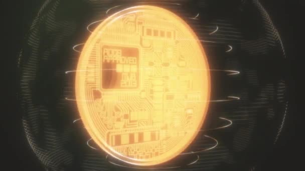 Glödande Bitcoin Cryptocurrency Roterande Symbol Med Neon Konturer Golden Btc — Stockvideo