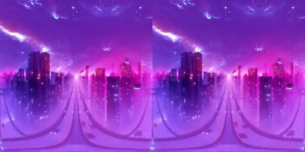 Futurystyczna Panorama Miasta Cyberpunk Pętla 180 Stopni Animacja Światła Neonowe — Wideo stockowe