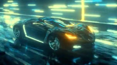 Süper araba parlayan tünelsiz döngüde yarışıyor. Parlak neon arka planlı, ileri teknoloji spor araba sürüşü. Teknolojinin 3 boyutlu animasyonu, hareket ve ulaşım konseptinin geleceği. 4k 60 fps