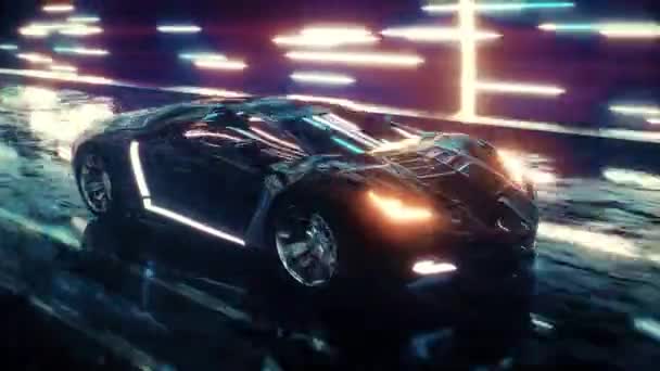 輝くトンネルシームレスループを介してスーパーカーレース ネオンを背景にした未来的なスポーツカー高速ドライブ 輸送コンセプトの技術 動きと未来の3Dアニメーション Fps — ストック動画