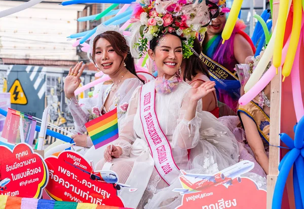 stock image Pride parade in Chiang Mai Thailand on the 28th May 2023.Diverse people having fun holding LGBT rainbow flag outdoor.