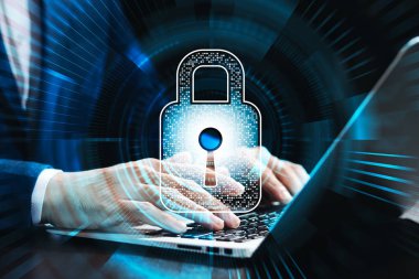 Siber güvenlik kavramı, asma kilit simgesi ve internet teknoloji ağı, kullanıcının kişisel verilerinin güvenli şifrelemesi, güvenli İnternet erişimi.