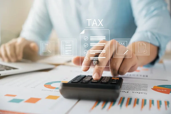 Corporate Individual Tax Payment Concept Businessman Using Computer Filling Out — Stock Photo, Image