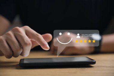 Customer Satisfaction Survey concept, 5-star satisfaction, service experience rating online application, customer evaluation product service quality, satisfaction feedback review, good quality most.
