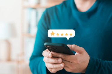 Customer Satisfaction Survey concept, 5-star satisfaction, service experience rating online application, customer evaluation product service quality, satisfaction feedback review, good quality most.
