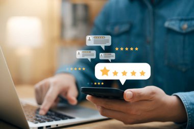 Customer Satisfaction Survey Concept, Users Rate Service Experiences On Online Application, Customers Can Evaluate Quality Of Service Leading To Business Reputation Rating.