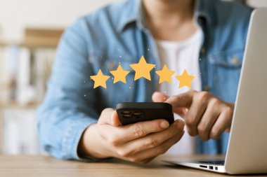 Customer Satisfaction Survey concept, 5-star satisfaction, service experience rating online application, customer evaluation product service quality, satisfaction feedback review, good quality most.