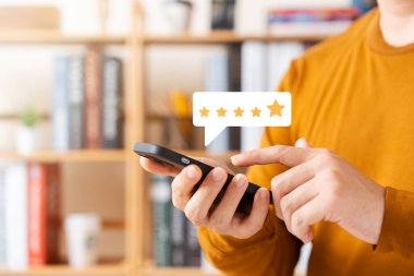 Customer Satisfaction Survey concept, 5-star satisfaction, service experience rating online application, customer evaluation product service quality, satisfaction feedback review, good quality most.