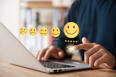 Customer Satisfaction Survey concept, 5-star satisfaction, service experience rating online application, customer evaluation product service quality, satisfaction feedback review, good quality most.