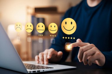 Customer Satisfaction Survey concept, 5-star satisfaction, service experience rating online application, customer evaluation product service quality, satisfaction feedback review, good quality most.