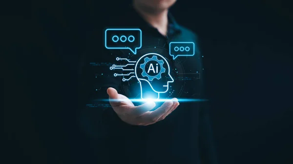 Concept Humans work with artificial intelligence, humans use intelligent AI technology enter command prompt for generates to solve problems, let AI help humans do their jobs.