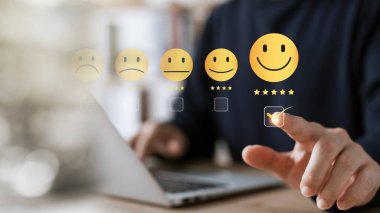 Customer Satisfaction Survey concept, 5-star satisfaction, service experience rating online application, customer evaluation product service quality, satisfaction feedback review, good quality most.