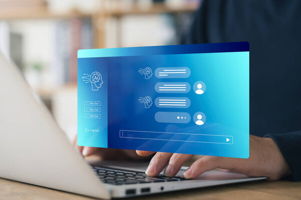 Concept Humans work with artificial intelligence, humans use intelligent AI technology enter command prompt for generates to solve problems, let AI help humans do their jobs.