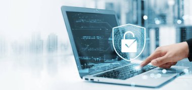 Cybersecurity privacy of data protection, businessman using laptop Secure encryption technology, security Internet access, security encryption of user private data, business confidentiality.