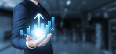 global business growth analysis and asset investment chart Business and Finance Up arrow Holographic economic chart, global economic trend analysis, financial graph analysis on virtual screen.