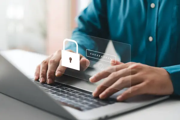 Cybersecurity Protects Login Secure Internet Access Businessman Using Laptop Internet Лицензионные Стоковые Изображения