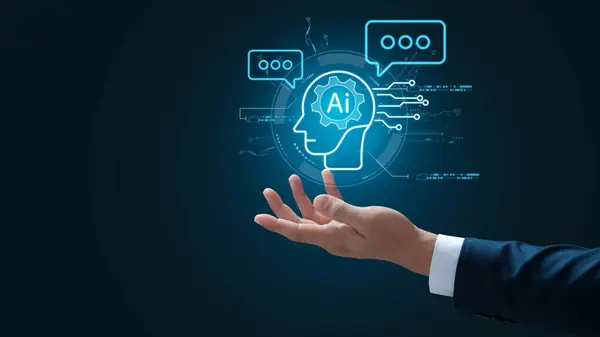 Businessman using artificial intelligence (AI) technology in future business, using artificial intelligence to make business more efficient, IoT, innovation and the future.