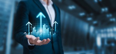 global business growth analysis and asset investment chart Business and Finance Up arrow Holographic economic chart, global economic trend analysis, financial graph analysis on virtual screen.