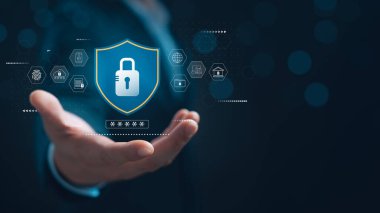 Siber Güvenlik, Firewall, Internet Security, Data Protection Digital crime, işadamı kurumsal veri şirketini ve kişisel bilgileri, ağ bağlantısını, dijital internet teknolojisini koruyor