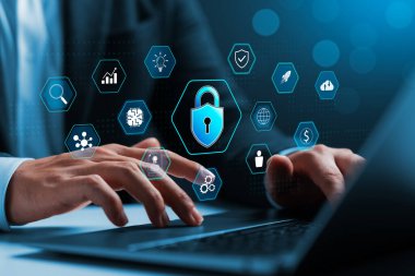 Siber Güvenlik, Firewall, Internet Security, Data Protection Digital crime, işadamı kurumsal veri şirketini ve kişisel bilgileri, ağ bağlantısını, dijital internet teknolojisini koruyor