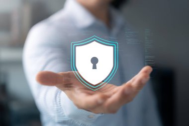 Siber güvenlik kalkanı, internet güvenlik duvarı, dijital suç koruması, kurumsal veri koruması, şirket ve kişisel veriler, ağ bağlantısı, dijital internet teknolojisi.