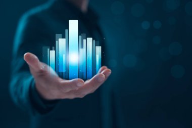 küresel iş büyüme analizi ve varlık yatırım grafiği İş ve Finans Holografik ekonomi grafiği, küresel ekonomik eğilim analizi, sanal ekran üzerindeki mali grafik analizi.