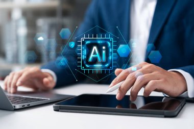 Yapay Zeka, İşadamı Laptop Kullanan İşletme Analizi Verisi Yapay Zeka Sistemi, İş Stratejisi Planlama, İç Görüş, Algoritmalar, Makine Öğrenme, Chatbot.