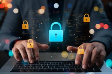 Siber güvenlik ve veri şifreleme kavramı, kullanıcının yüzen kilit simgeleri ve kodlarıyla klavyede yazdığını gösteriyor. Güvenli sistem, veri gizliliği ve dijital koruma teknolojisinin temsilcisi.