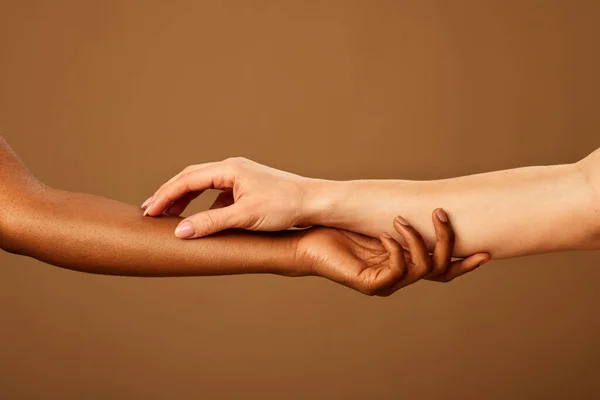 多文化の女の子が手を触れ合う様子を切り取った写真 — ストック写真