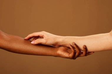 Birbirlerine dokunan çok kültürlü kızların kırpılmış resimleri..