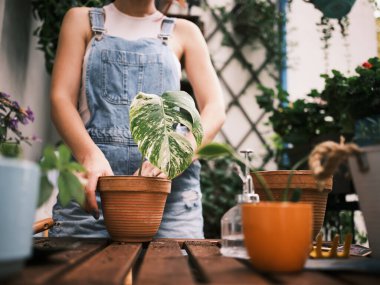 Bir kadın balkonda bitki yetiştiriyor, kentsel bir çevrede yeşil yaşamı besliyor.