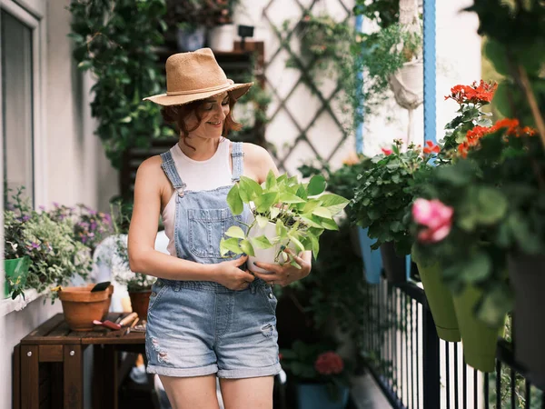Woman Gardening Plants Balcony Nurturing Green Life Urban Environment — Stock Photo, Image