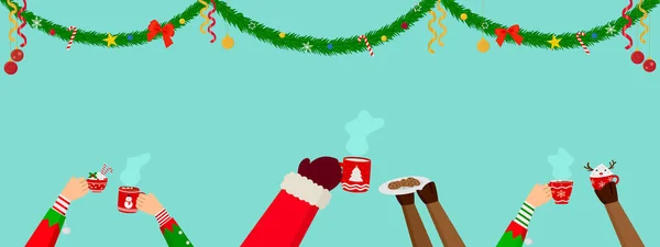 크리스마스 산타클로스 과뜨거운 초콜릿을 파란색 배경에 크리스마스 장식을 즐거운 — 스톡 벡터