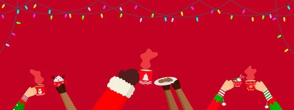 크리스마스 산타클로스 요정의 순록의 다리는 배경에 조명이 뜨거운 초콜릿 쿠키를 — 스톡 벡터