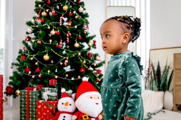 Портрет Очаровательной Афроамериканской Маленькой Девочки Стоящей Гостиной Многими Подарочными Коробками — стоковое фото