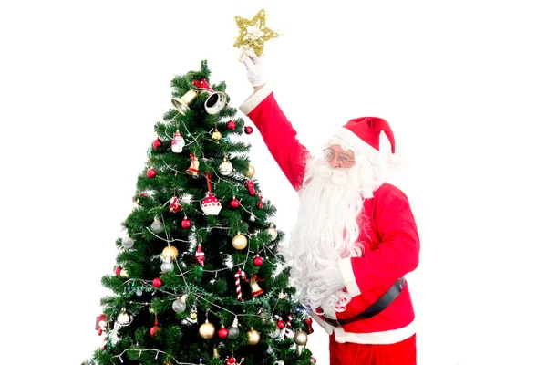 Papai Noel Estendendo Mão Até Topo Uma Árvore Natal Para — Fotografia de Stock