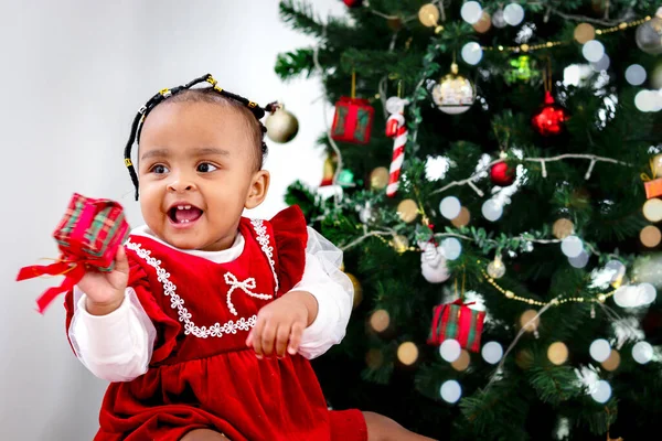 Портрет Очаровательной Счастливой Улыбающейся Афроамериканской Маленькой Девочки Маленьким Подарком Елкой — стоковое фото